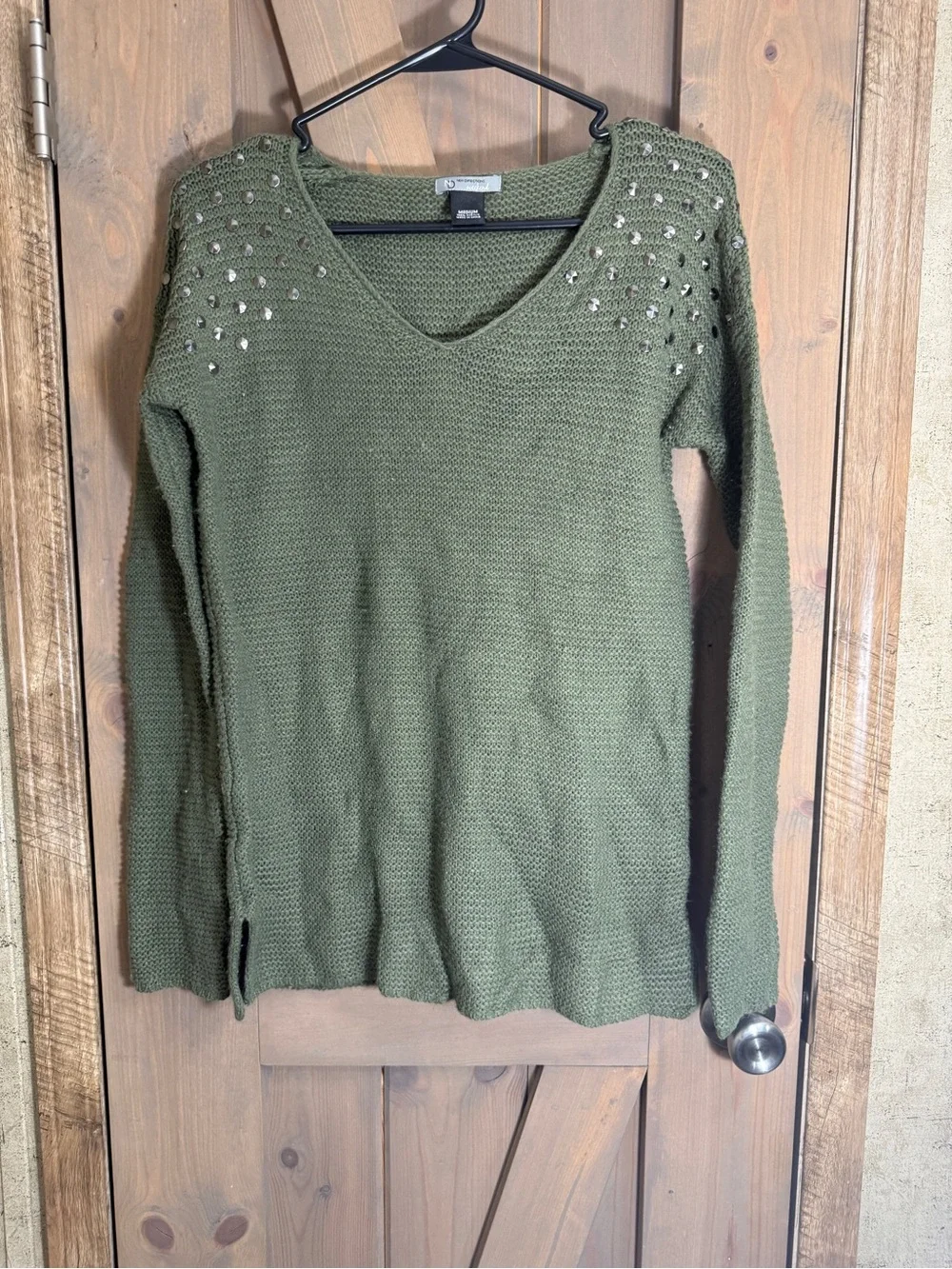 new directions Olive Green V-Neck Sweater with Shoulder Studs